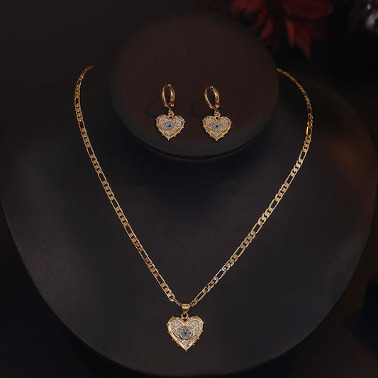 Fashion Jewelry Personality Copper Plated Real Gold Heart-shaped Zircon Pendant Necklace And Earrings Suite